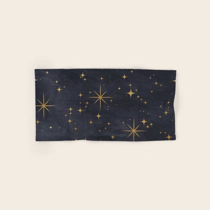 Gold Stars Black Ink Night Sky Magical Mid Century Pattern Bath Towel