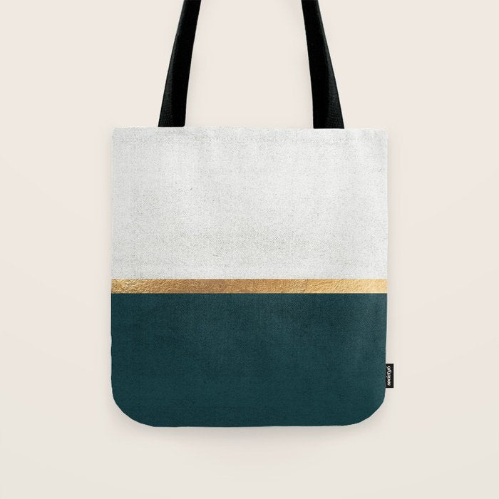 Deep Green, Gold And White Color Block Tote Bag