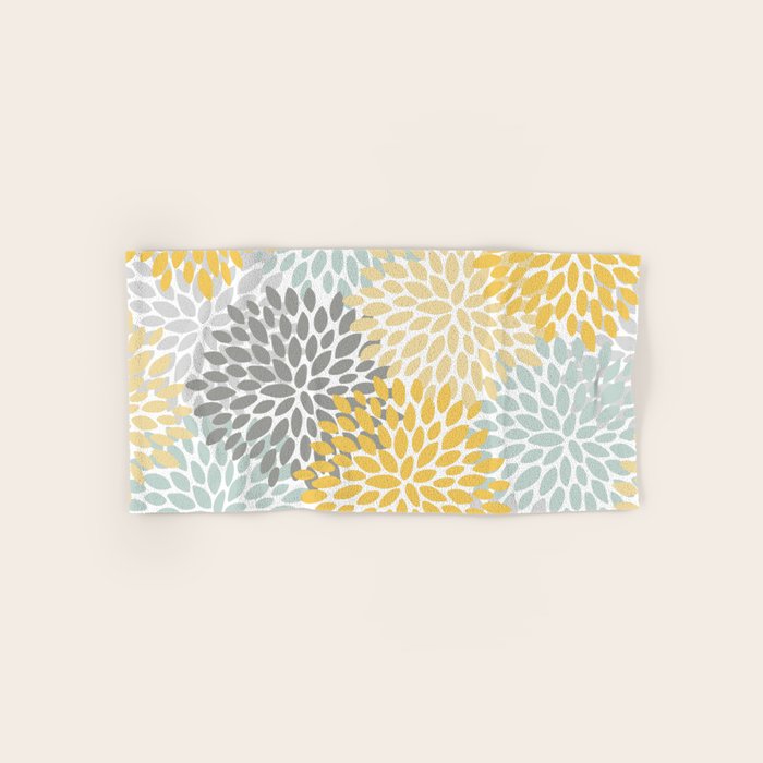 Floral Pattern, Yellow, Pale, Aqua And Gray Bath Towel
