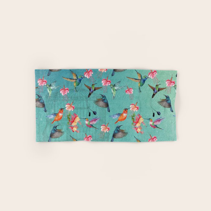 Vintage Watercolor Hummingbirds And Fuchsia Flowers Bath Towel