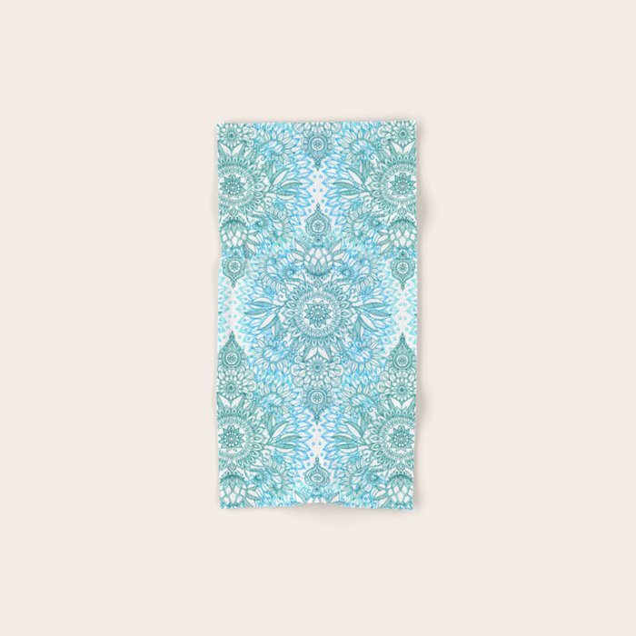 Turquoise Blue, Teal & White Protea Doodle Pattern Bath Towel