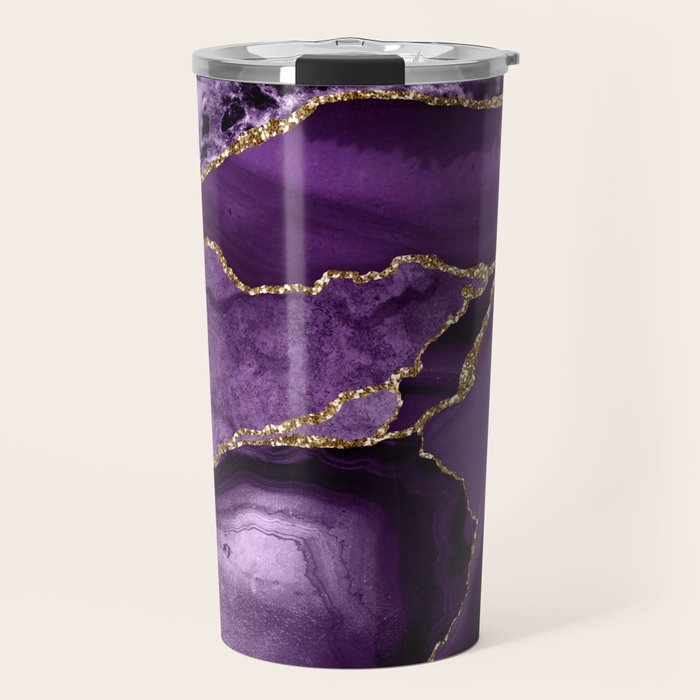 Glamour Purple Bohemian Watercolor Marble With Glitter Veins Travel Mug