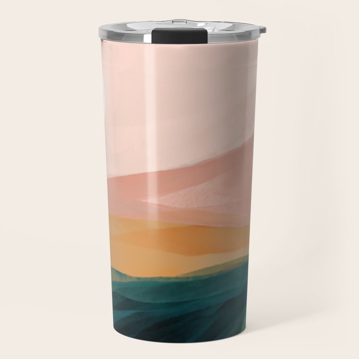 Pink, Green, Gold Moon Watercolor Mountains Travel Mug