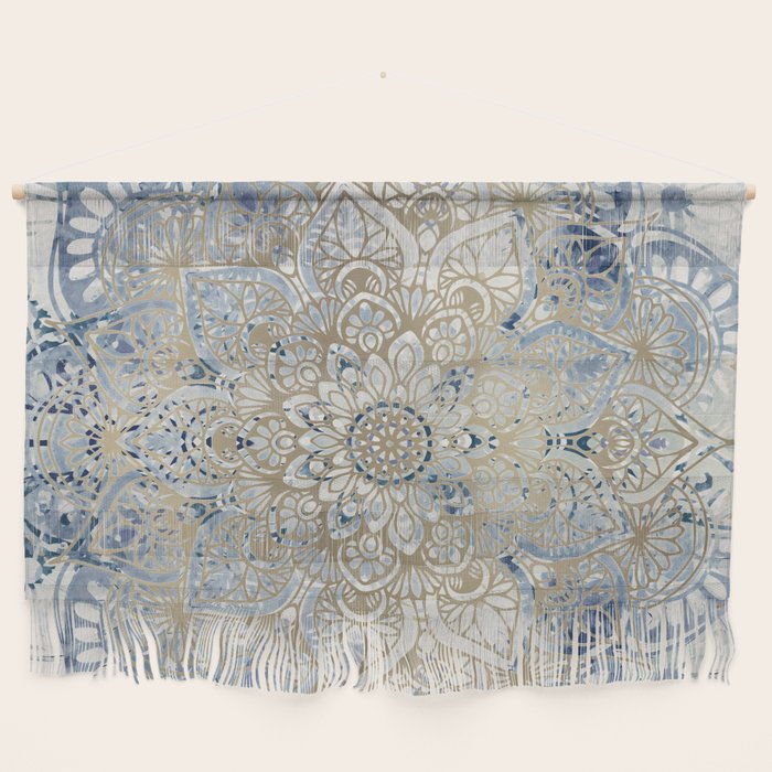 Mandala Flower, Blue And Gold, Floral Prints Wall Hanging
