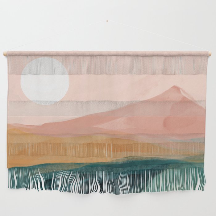 Pink, Green, Gold Moon Watercolor Mountains Wall Hanging
