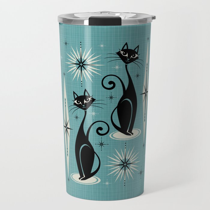 Mid Century Meow Retro Atomic Cats On Blue Travel Mug