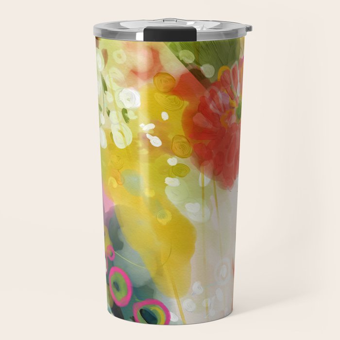 Abstract Floral Art In Yellow Green And Rose Magenta Colors Travel Mug