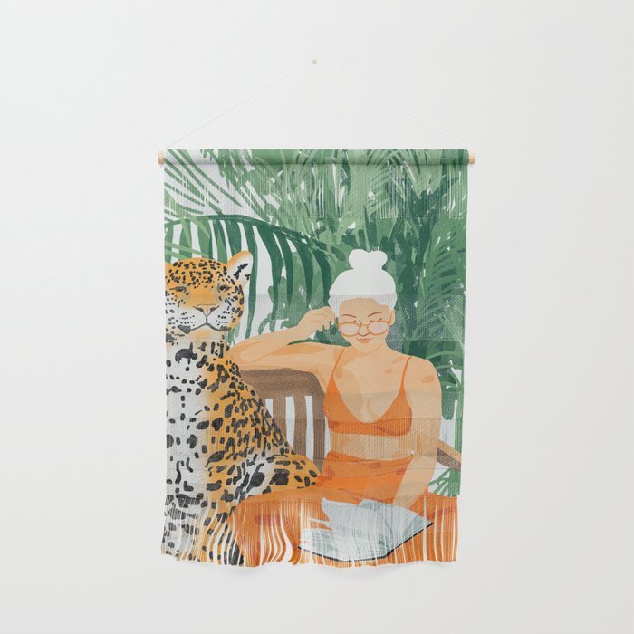 Jungle Vacay | Modern Bohemian Blonde Woman Tropical Travel | Leopard Wildlife Forest Reader Wall Hanging