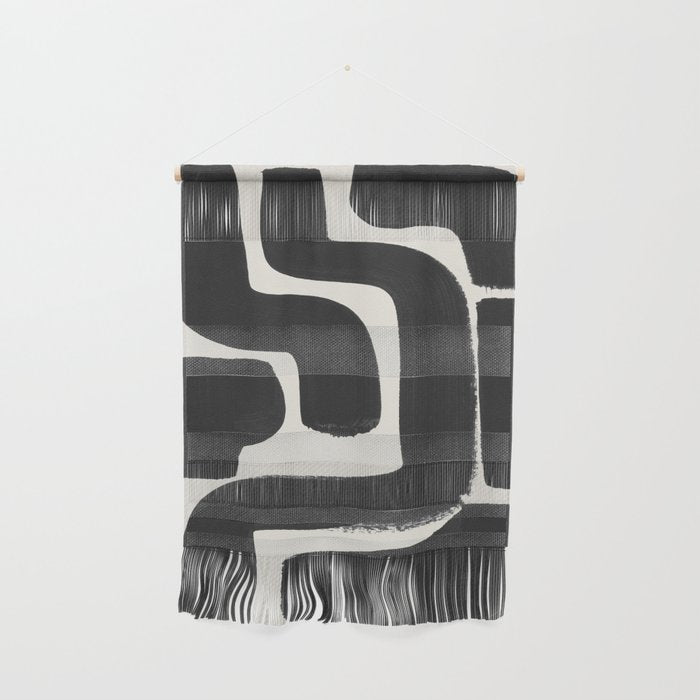 Black Ink Paint Brush Strokes Abstract Organic Pattern Mid Century Style Wall Hanging