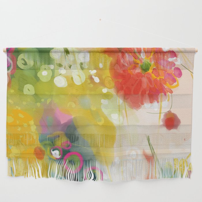 Abstract Floral Art In Yellow Green And Rose Magenta Colors Wall Hanging