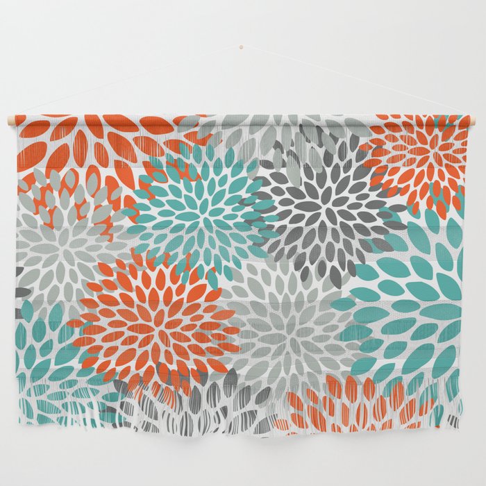 Floral Pattern, Abstract, Orange, Teal And Gray Wall Hanging