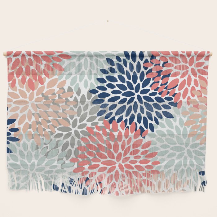 Floral Bloom Print, Living Coral, Pale Aqua Blue, Gray, Navy Wall Hanging