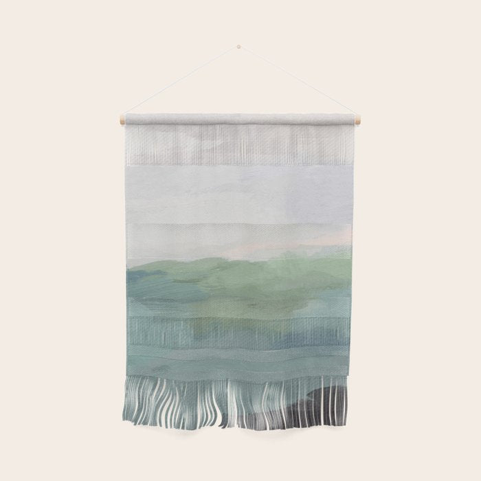 Farmland Sunset I - Seafoam Green Mint Black Blush Pink Abstract Nature Land Art Painting Wall Hanging