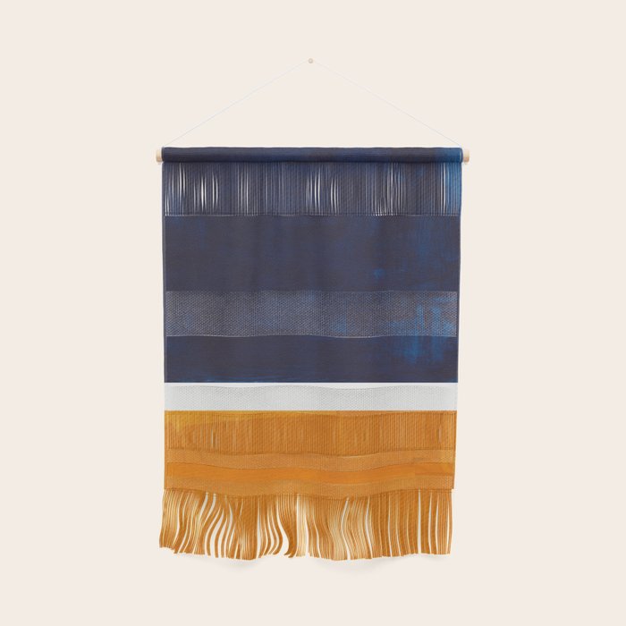 Navy Blue Yellow Ochre Abstract Minimalist Rothko Colorful Mid Century Color Block Pattern Wall Hanging