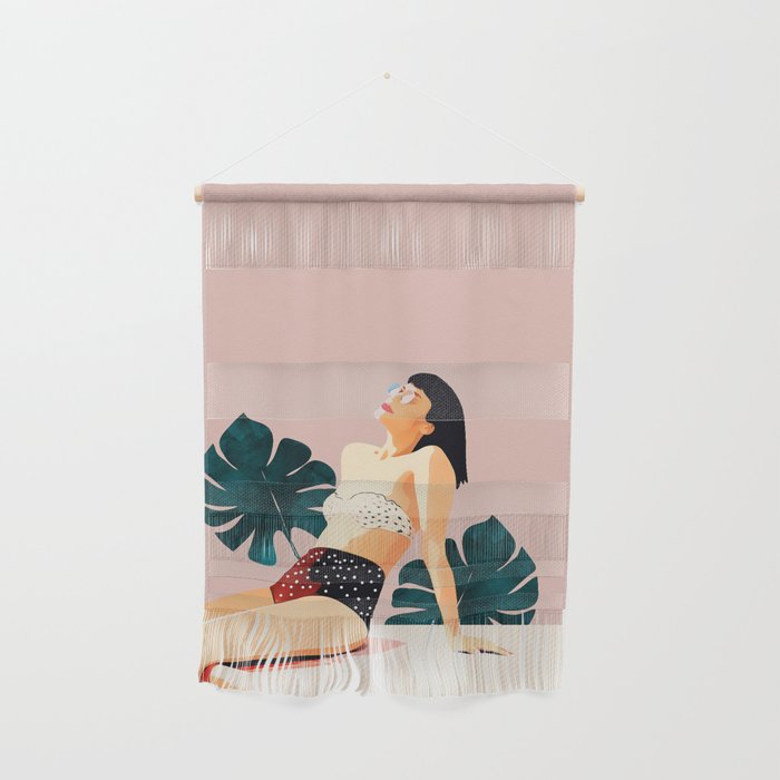 Sunday, Summer Swim Poolside Fashion, Bohemian Woman Sunbath Tan Bikini Monstera Tropical Travel Wall Hanging