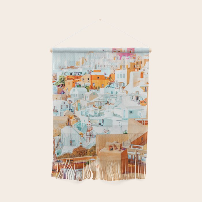Santorini Vacay | Greece Summer Travel Architecture Buildings | Pastel Beachy Cityscape Photography Wall Hanging