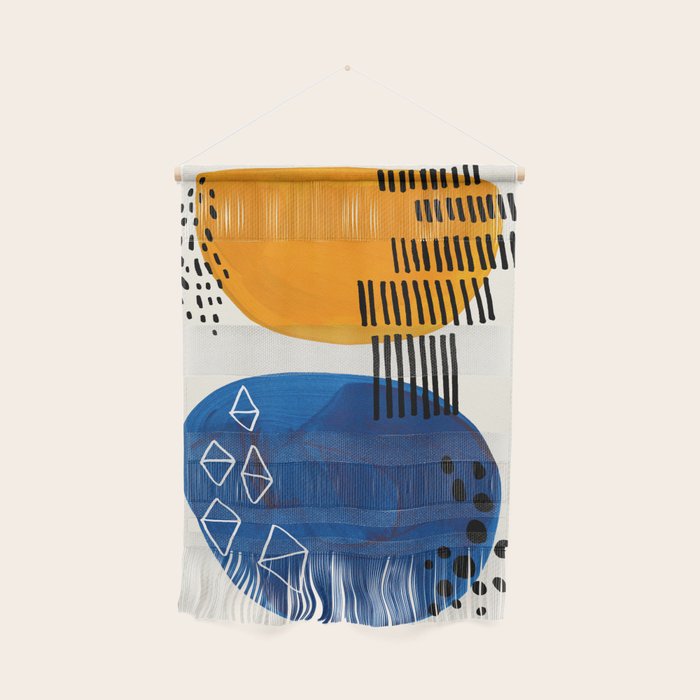 Fun Colorful Abstract Mid Century Minimalist Yellow Navy Blue Whiscial Patterns Organic Shapes Wall Hanging