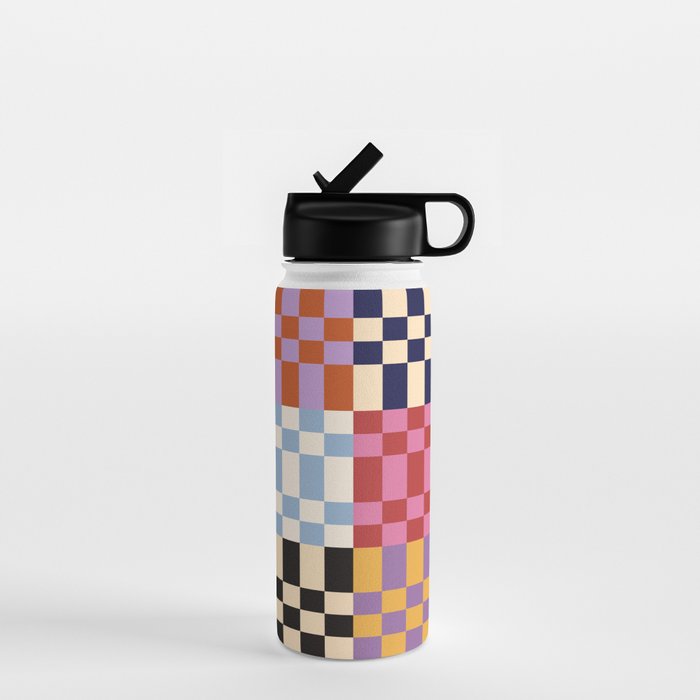 Retro 70s Colorful Patchwork Checkerboard Water Bottle