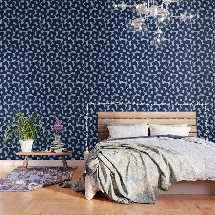 Large Dark Blue Retro Flowers Baby Blue Background #Decor #Homestorie #Buyart Wallpaper