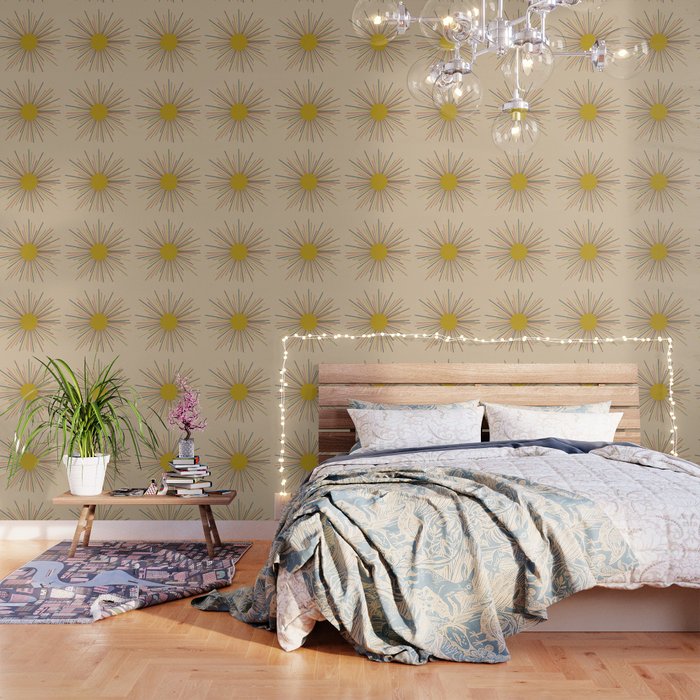 Mid-Century Modern Sunburst - Minimalist Abstract Sun In Mid Mod Mustard, Orange, Olive, Blue, And Beige Wallpaper