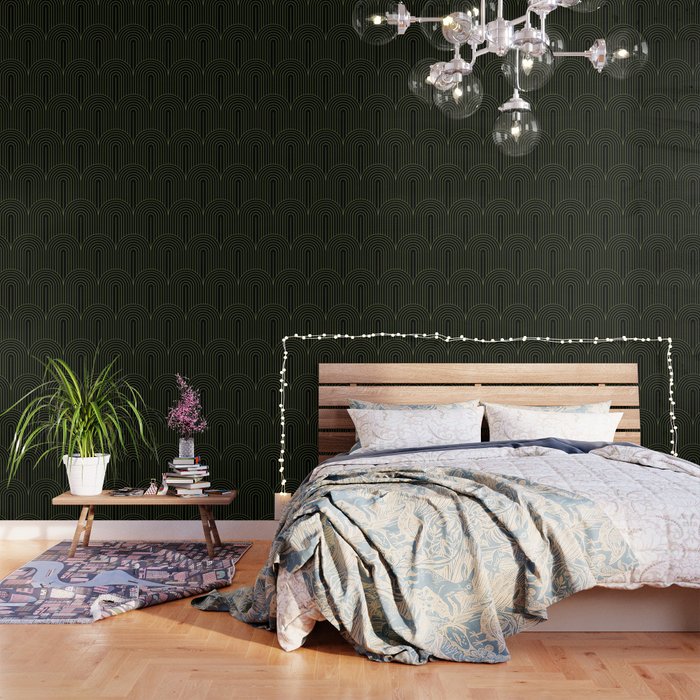 Art Deco Arch Pattern I Black & Neutral Green Wallpaper