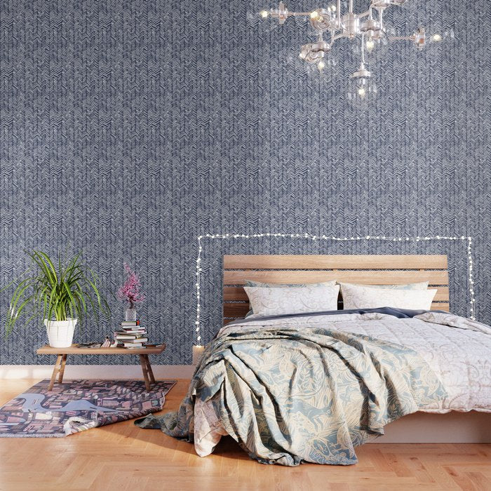 Boho Herringbone Pattern, Navy Blue And White Wallpaper