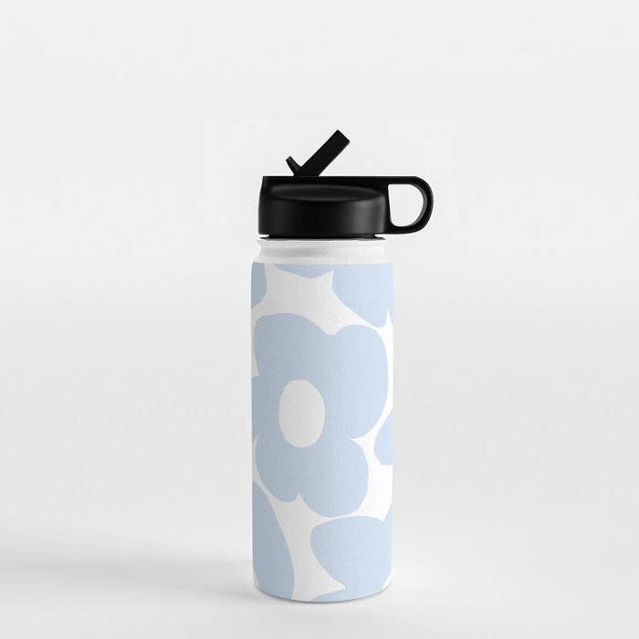 Large Baby Blue Retro Flowers White Background #Decor #Homestorie #Buyart Water Bottle