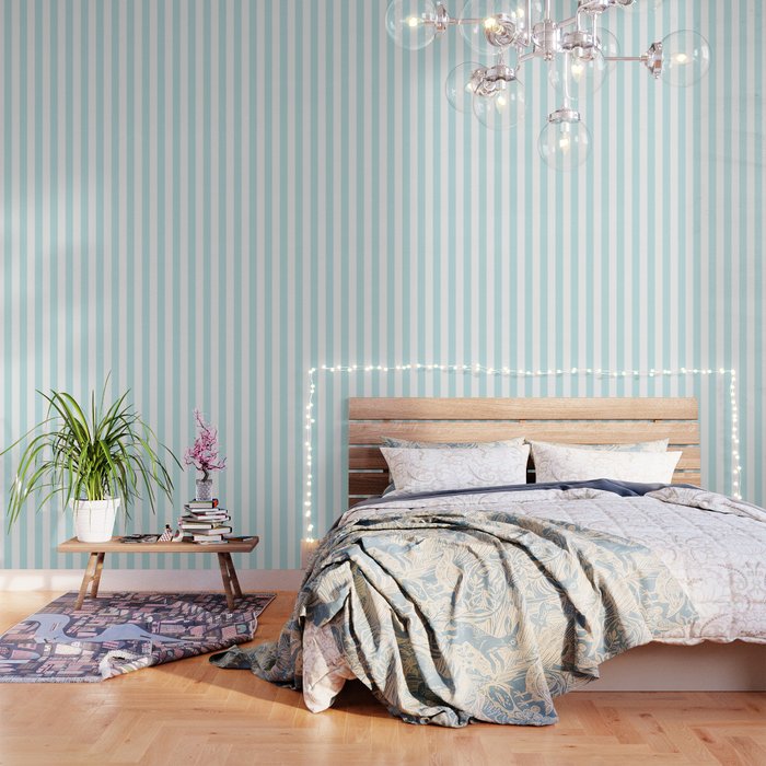 Duck Egg Pale Aqua Blue And White Wide Vertical Cabana Tent Stripe Wallpaper