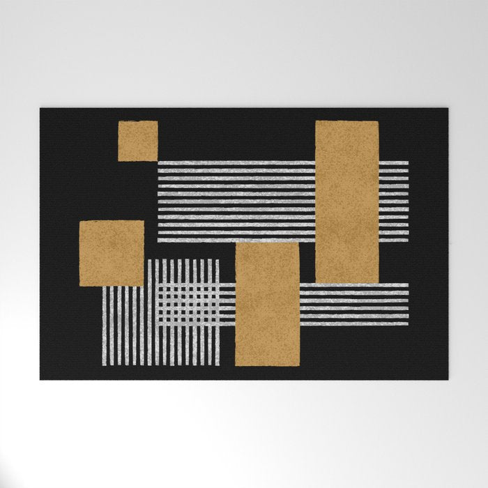 Stripes And Squares On Black Composition - Abstract Welcome Mat