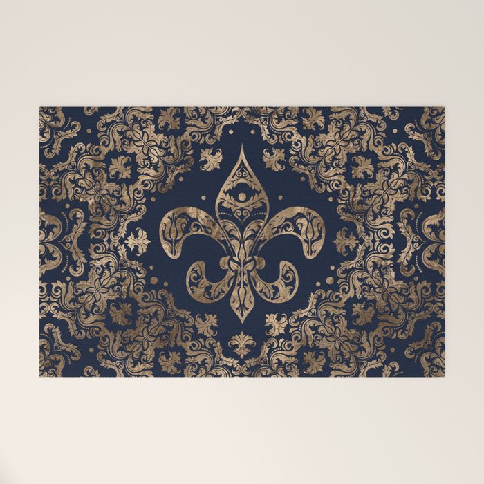 Luxury Fleur-De-Lis Ornament - Gold And Dark Blue Welcome Mat