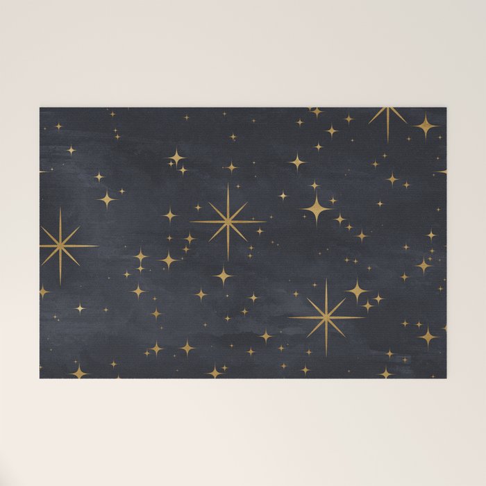 Gold Stars Black Ink Night Sky Magical Mid Century Pattern Welcome Mat