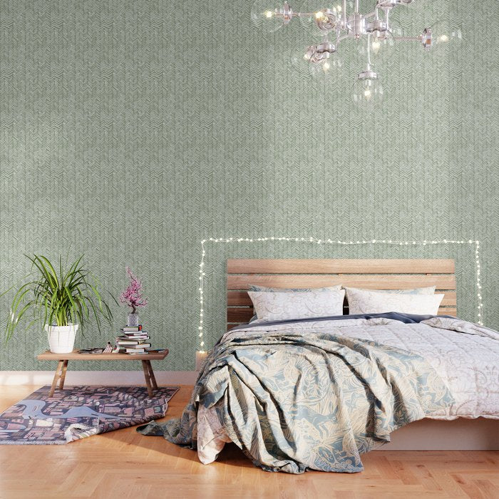 Boho, Abstract, Herringbone Pattern, Sage Green And White Wallpaper