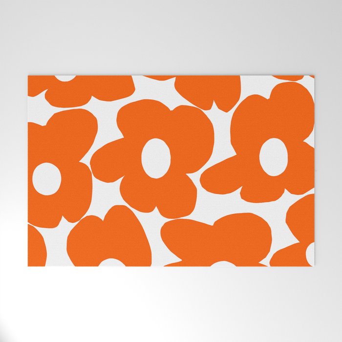 Orange Retro Flowers White Background #Decor #Homestorie #Buyart Welcome Mat