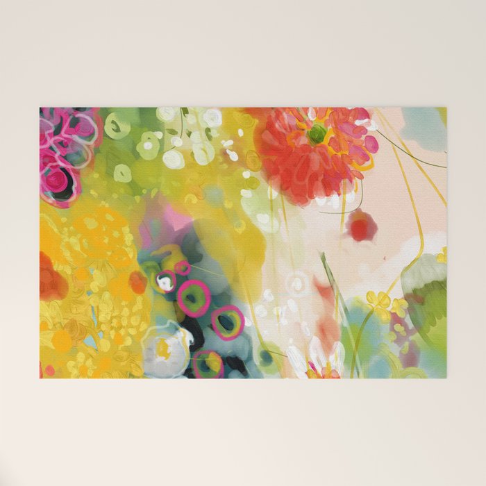 Abstract Floral Art In Yellow Green And Rose Magenta Colors Welcome Mat