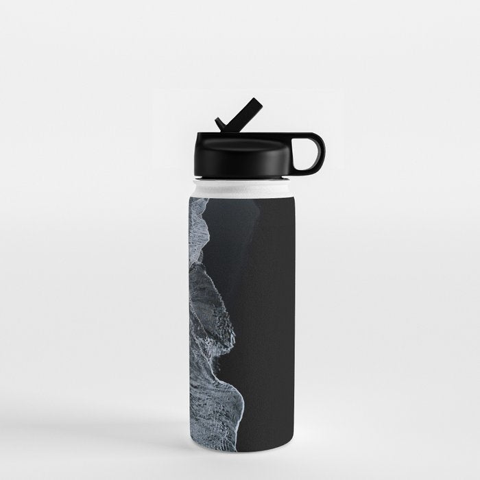 Waves On A Black Sand Beach In Iceland - Minimalist Landscape Photography Water Bottle