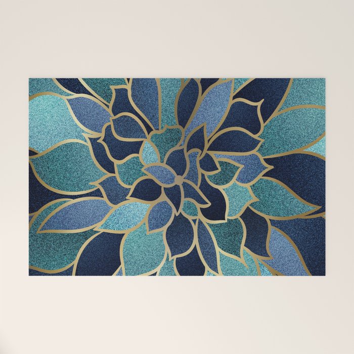 Festive, Floral Prints, Navy Blue, Teal And Gold Welcome Mat