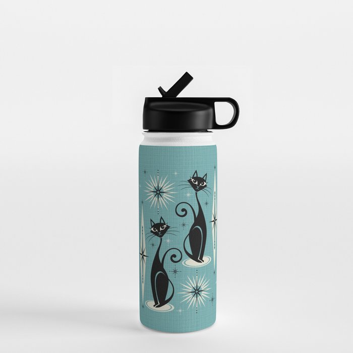 Mid Century Meow Retro Atomic Cats On Blue Water Bottle