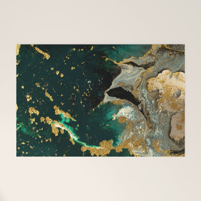 Abstract Pour Painting Liquid Marble Abstract Dark Green Painting Gold Accent Agate Stone Layers Welcome Mat