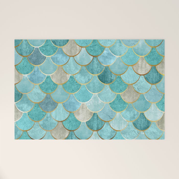 Moroccan Mermaid Fish Scale Pattern, Aqua,Teal Welcome Mat