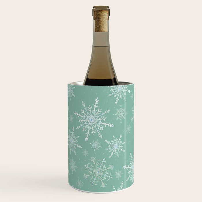Elegant Winter Snowflake Pattern On Mint Green Background Wine Chiller