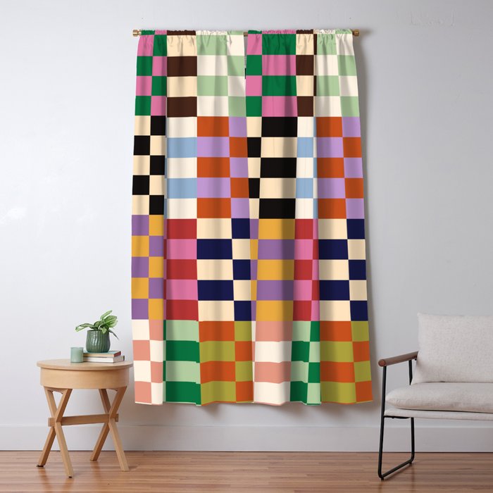 Retro 70s Colorful Patchwork Checkerboard Window Curtain