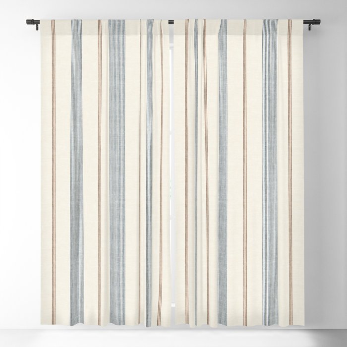 Ivy Stripes - Blue, Rust On Cream Window Curtain