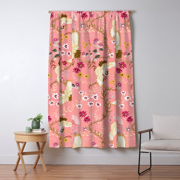 Chinoiserie Cranes On Pink, Birds, Flowers,  Window Curtain