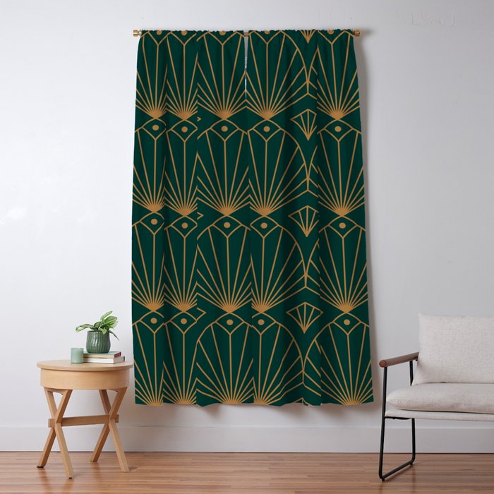 Art Deco Emerald Green & Gold Pattern Window Curtain