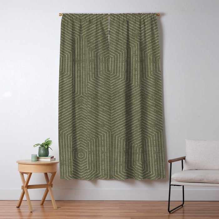 Boho Hexagon Stripes - Olive Green Window Curtain