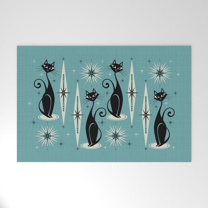 Mid Century Meow Retro Atomic Cats On Blue Welcome Mat