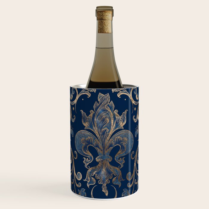 Fleur-De-Lis Ornament Blue Marble And Gold Wine Chiller