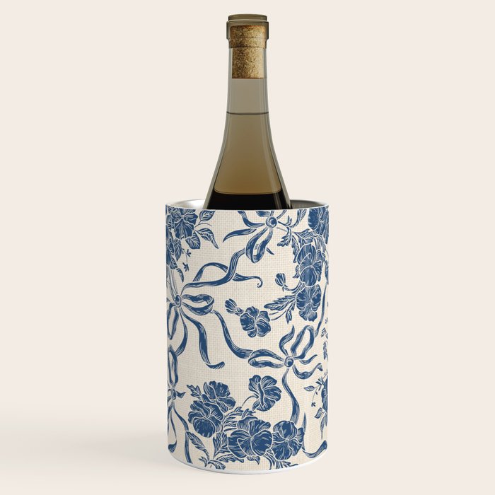 Chic Modern Vintage Ivory Navy Blue Floral Pattern Wine Chiller