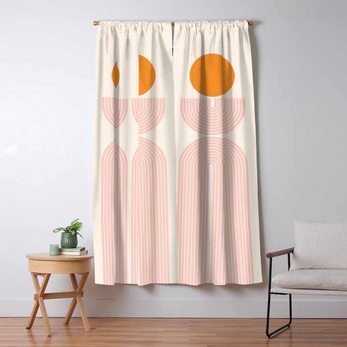 Mid Century Modern Geometric 43 In Coral Orange (Rainbow And Sun Abstraction) Window Curtain
