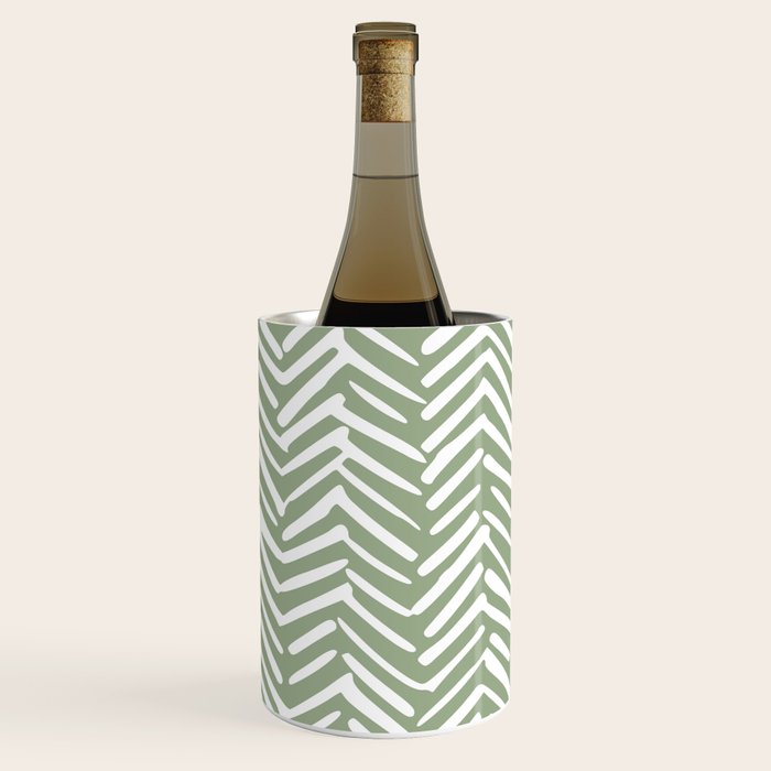 Boho, Abstract, Herringbone Pattern, Sage Green And White Wine Chiller